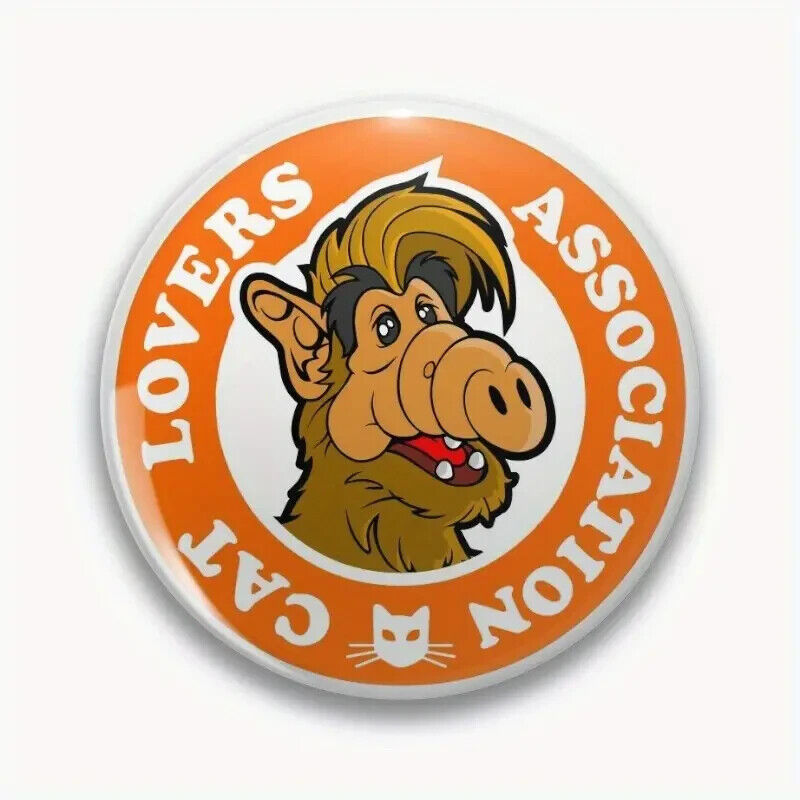 ALF Badge Button Pin 80s CLASSIC ASSOCIATION CAT LOVERS ORANGE ROUND COLLECTIBLE