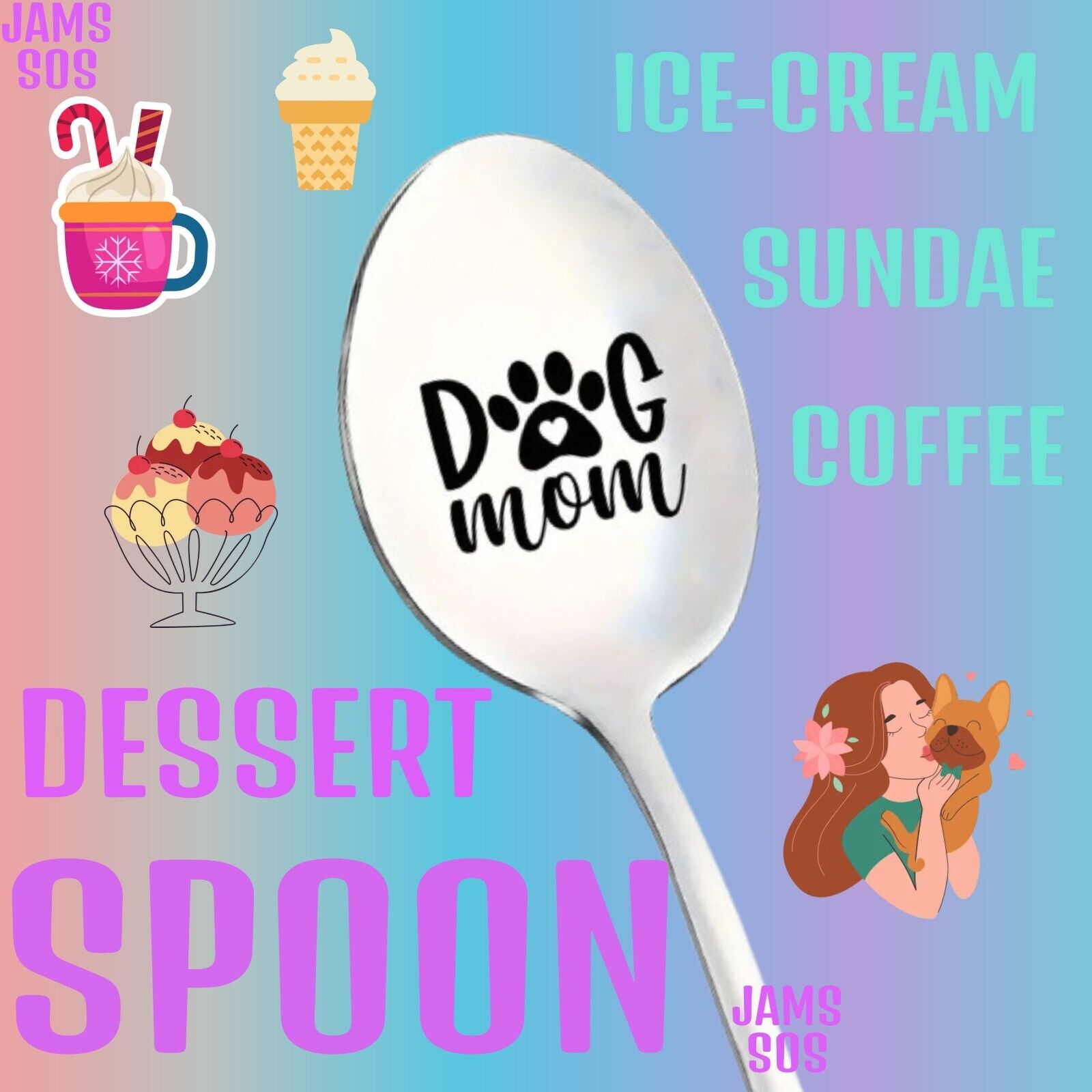DOG MOM NOVELTY Spoon COFFEE SUNDAE COCKTAIL SILVER SPECIAL PETS LOVE ICE-CREAM