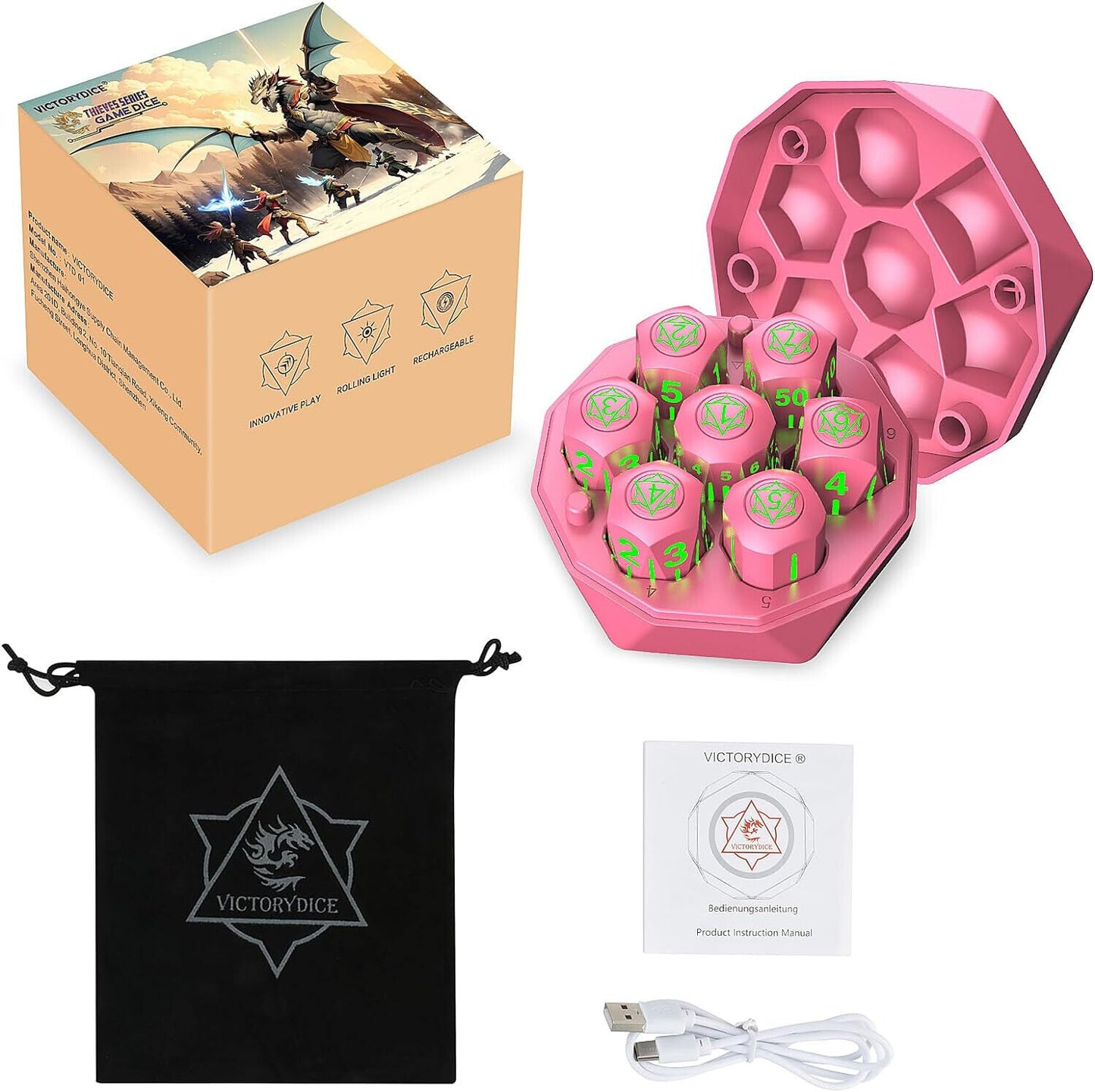 Rechargeable Light Up DND Dice 7PCS Set Luminous Glow LED Dices Charging Box