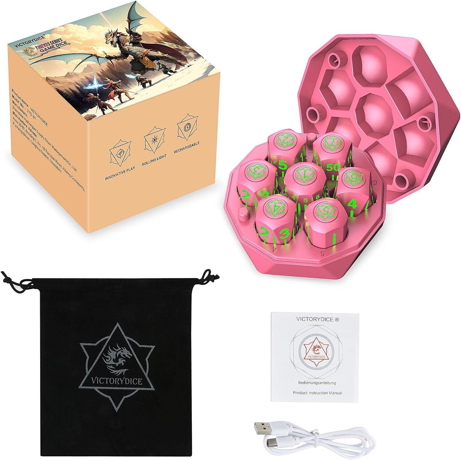 Rechargeable Light Up DND Dice 7PCS Set Luminous Glow LED Dices Charging Box