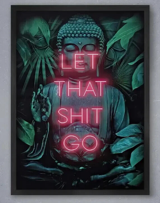LARGE Let That SH*T Go Buddha GREEN PINK Face Art Print Canvas Purple MEDITATION