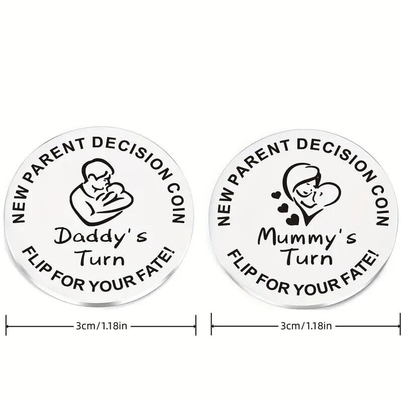 MUMMYS DADDYS TURN DECISION COIN SILVER PARENTS Keyring Gift DADDIES FAIR CHOICE