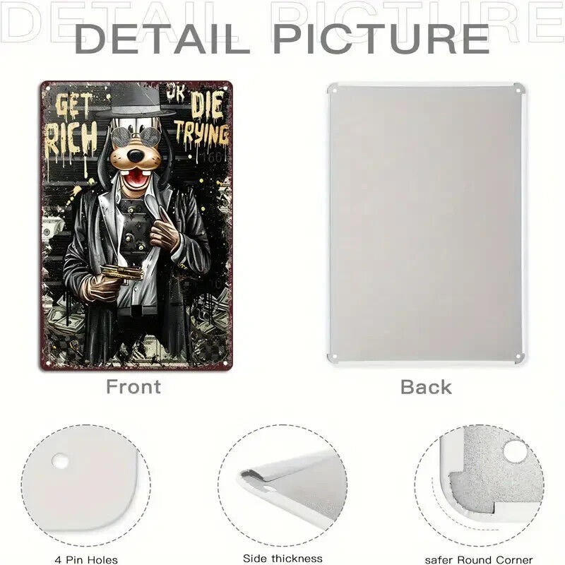 GOOFY GET RICH DIE TRYING Tin Metal sign Halloween Horror Art Deco Movie NETFLIX