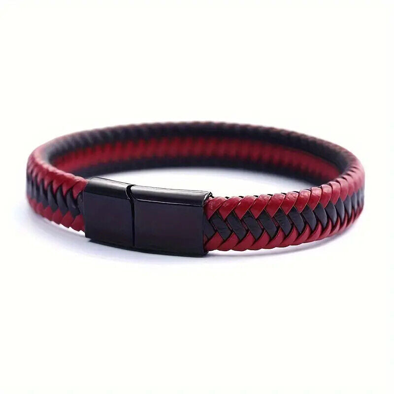Mens Casual Style Woven PU Leather Wristband Magnetic Clasp UK RED BLACK BROWN