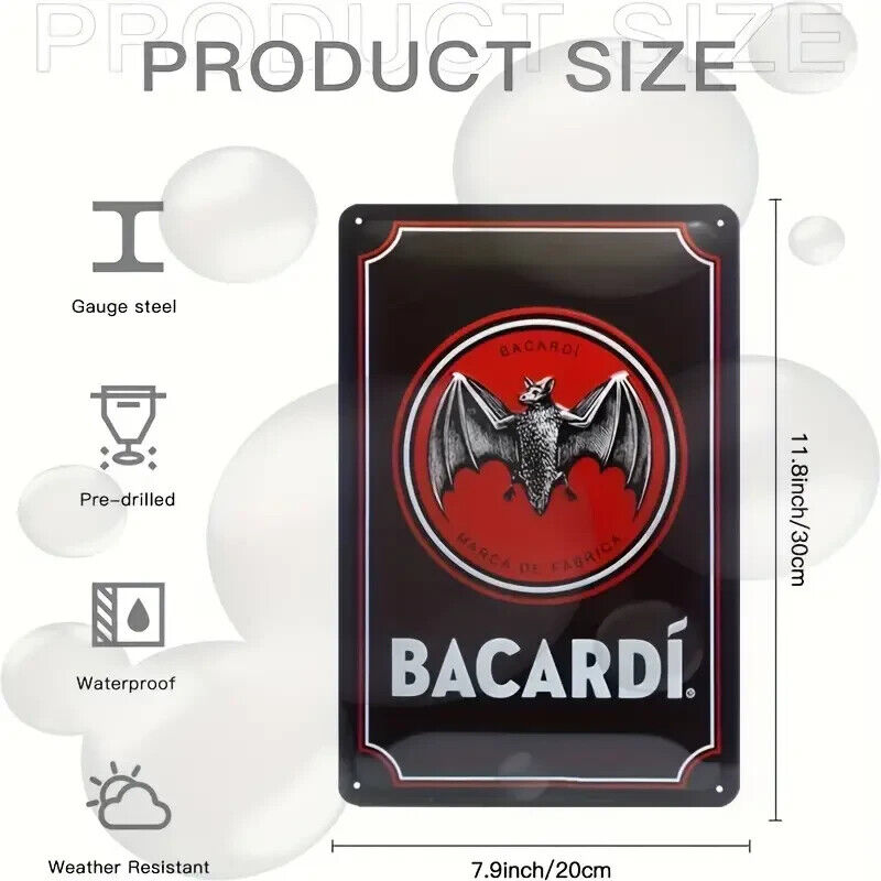 BACARDI Retro Tin Sign 30cm x 20cm Bacardi ALCOHOL BAT BLACK RED RUM WALL