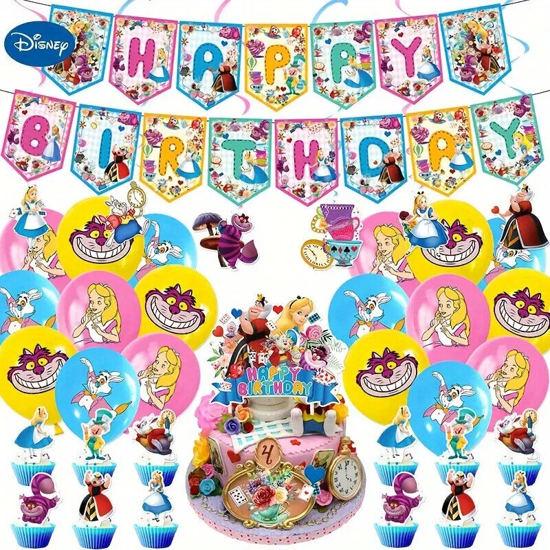 DISNEY ALICE IN WONDERLAND Party Decorations Balloons Birthday Kid Banner Cake