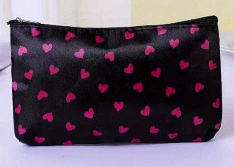 Heart Pattern Zip Makeup Bag Fashion Design Cosmetic Pouch Carry Purse BLACK