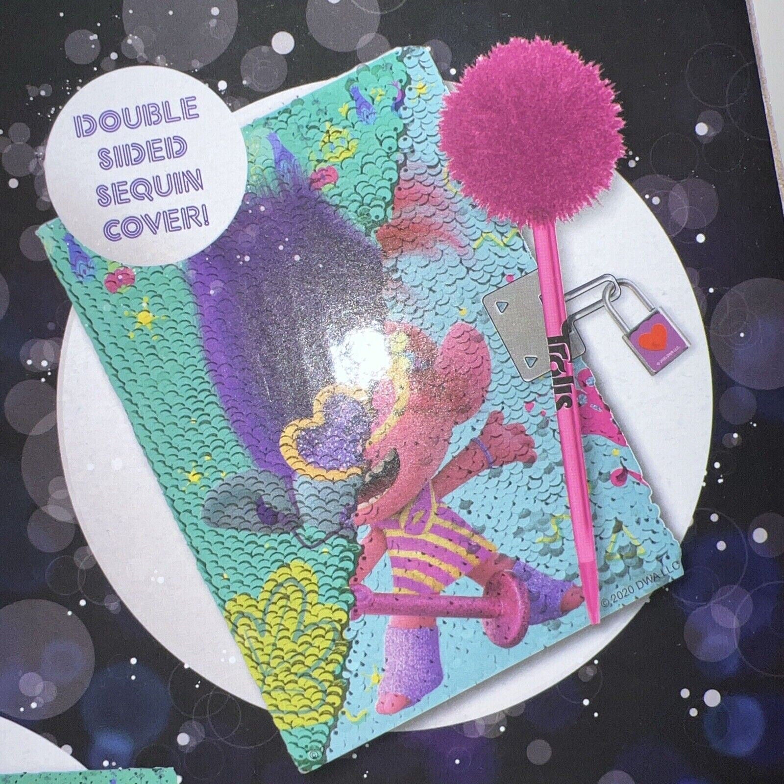 Trolls World Tour Secret Glitter Notebook Journal Double Sided Sequin Cover Pen
