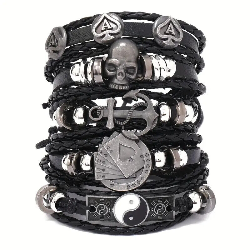 Halloween Black Leather Skull Feather Bracelet for Men Women Punk Rock 8 Styles