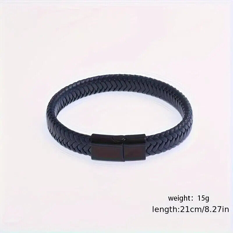 Mens Casual Style Woven PU Leather Wristband Magnetic Clasp UK RED BLACK BROWN