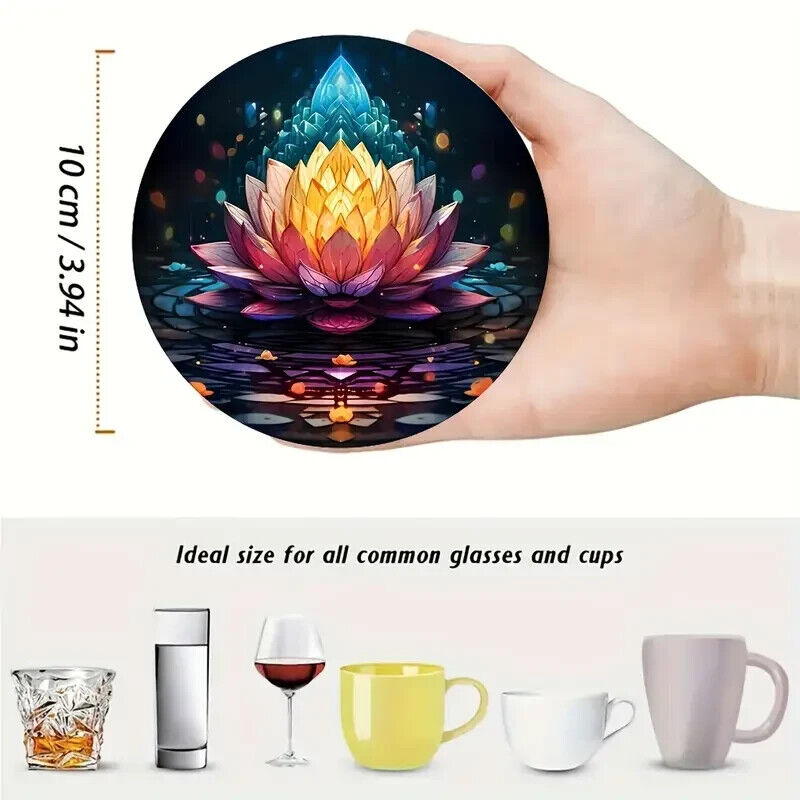 8 X Round WOOD NEON Coaster Pink Lotus Flower Peace Spiritual HEAT RESISTANT