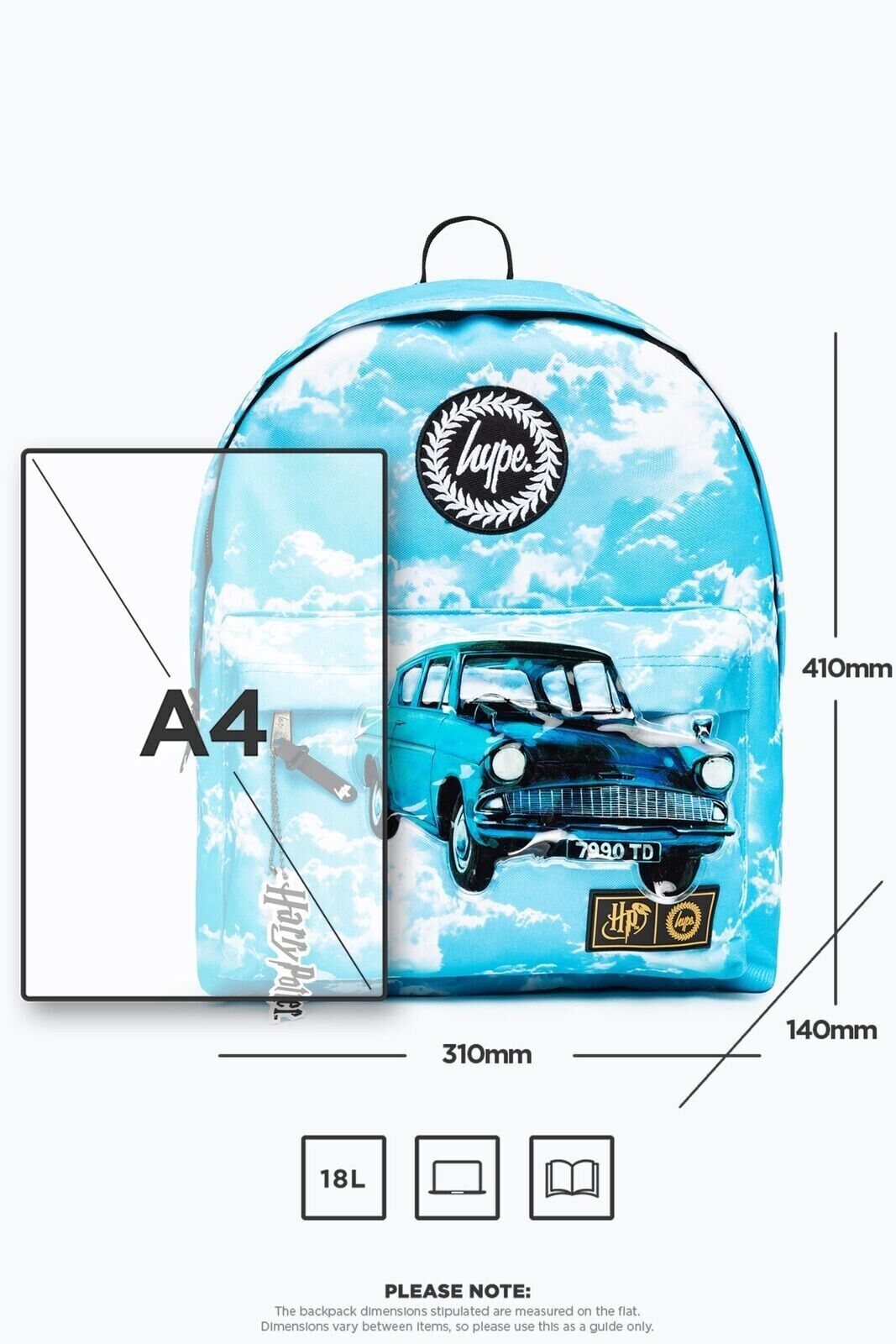HARRY POTTER X HYPE. FLYING FORD ANGLIA BACKPACK Blue White Skies Car Weasley