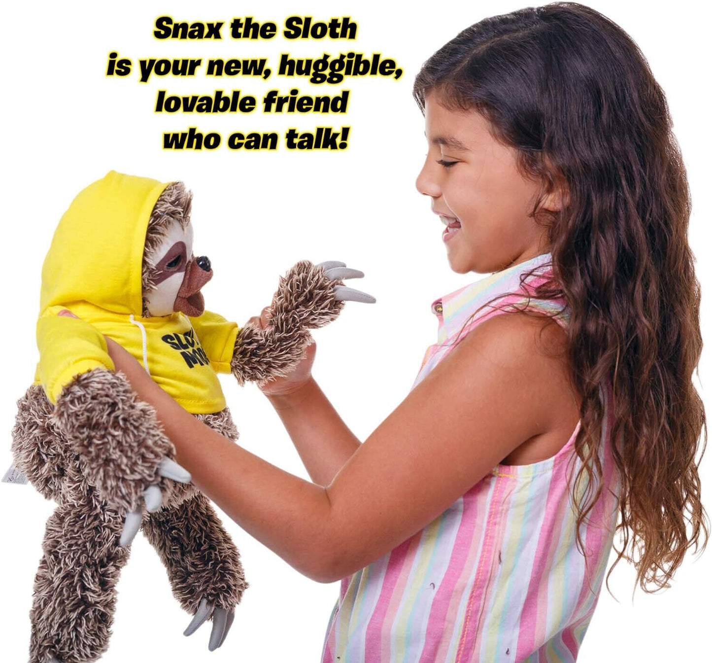 John Adams Snax The Sloth in Yellow Hoodie Talking Plush Kids Soft Toy