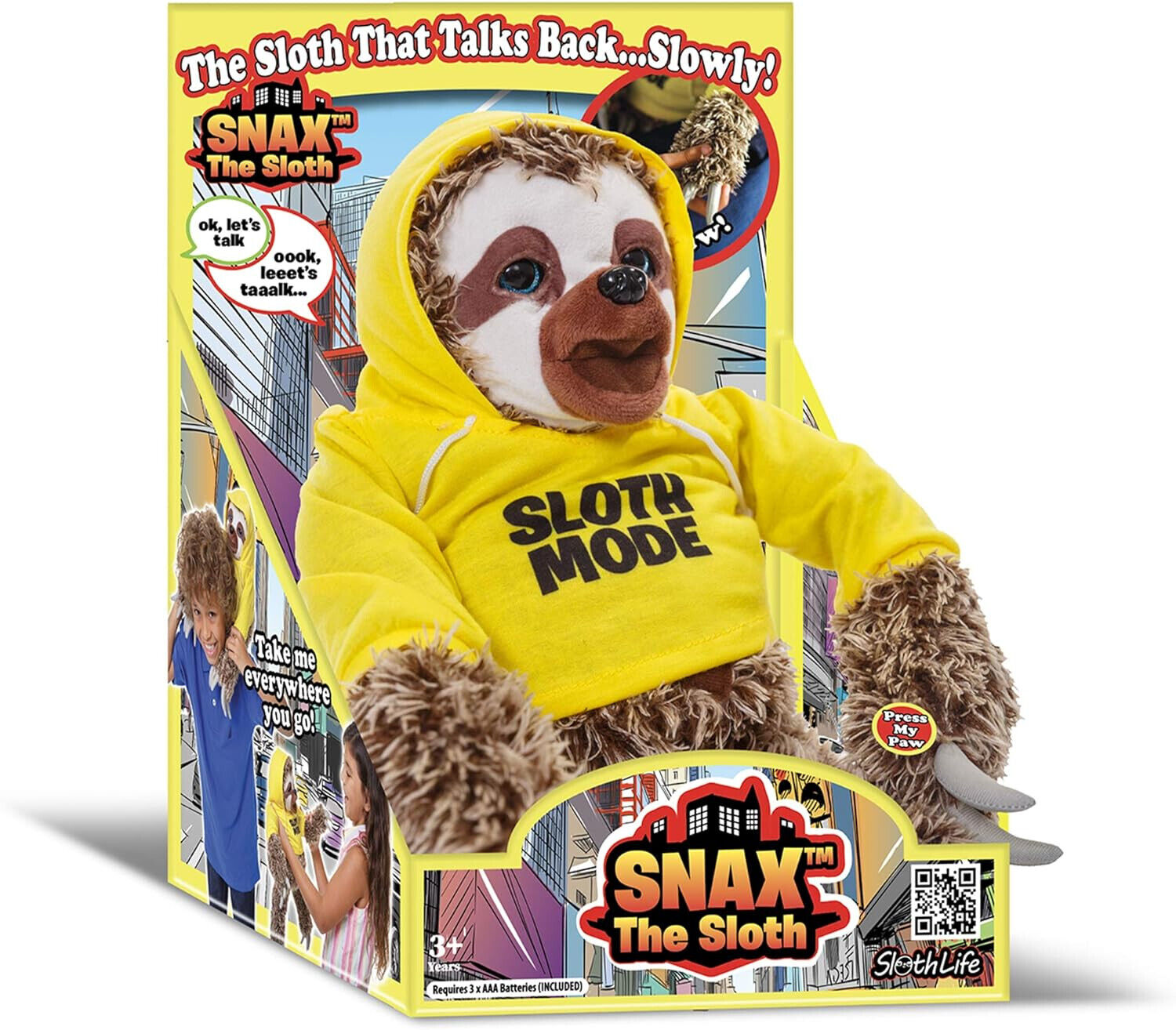 John Adams Snax The Sloth in Yellow Hoodie Talking Plush Kids Soft Toy