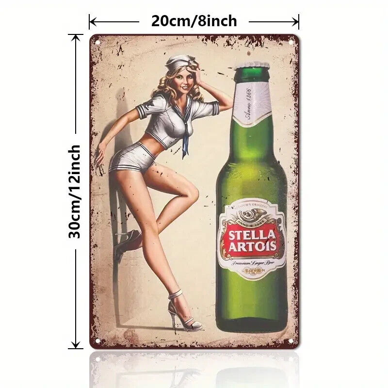 STELLA ARTOIS Retro Tin Sign ALCOHOL WALL MAN CAVE PUB PIN SEXY LADY PIN UP 50'S
