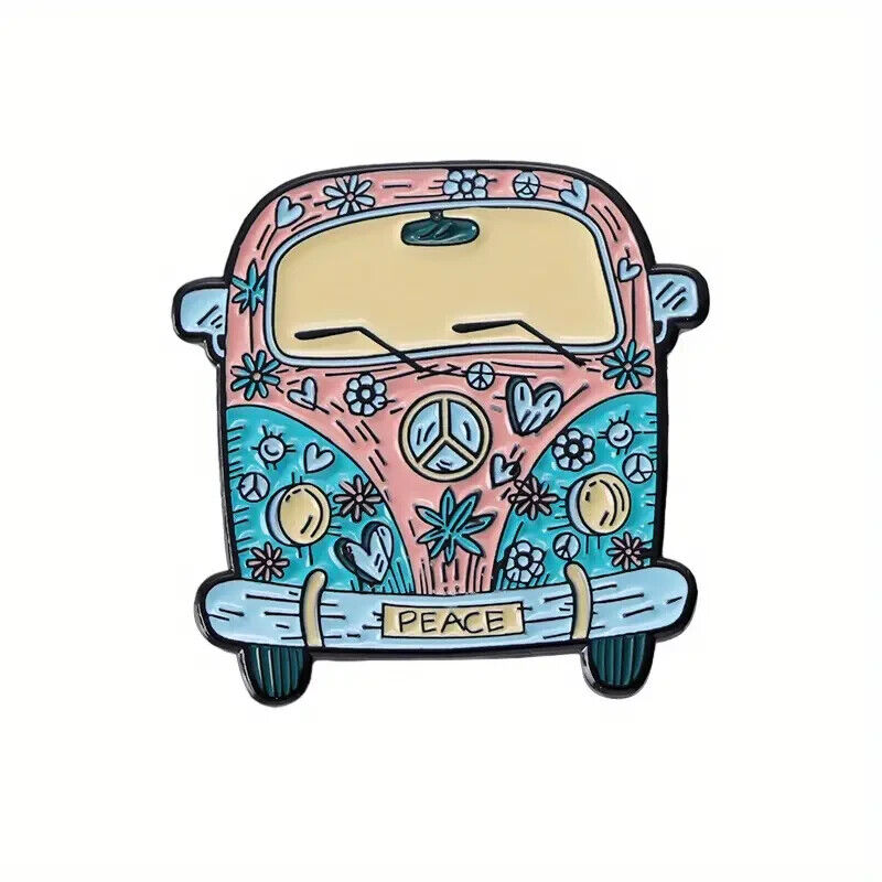 VOLKSWAGON CAMPER VAN Peace Enamel Metal Pin Badge HIPPIE HAPPY LOVE FLOWER SUN