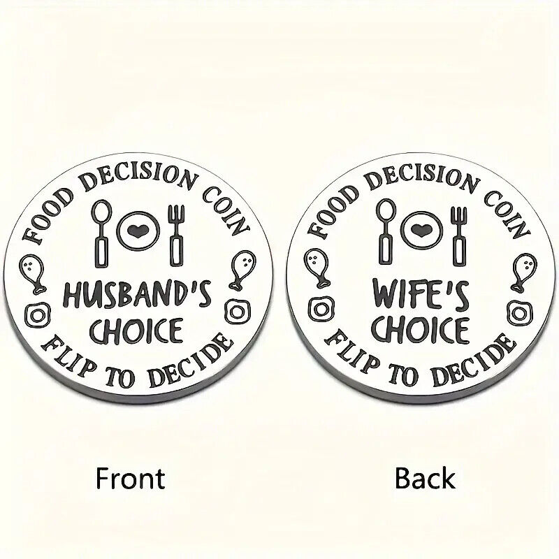 FOOD DECISION COIN SILVER Husband WIFE Keyring Mens Gift FLIP TO DECIDE FUN