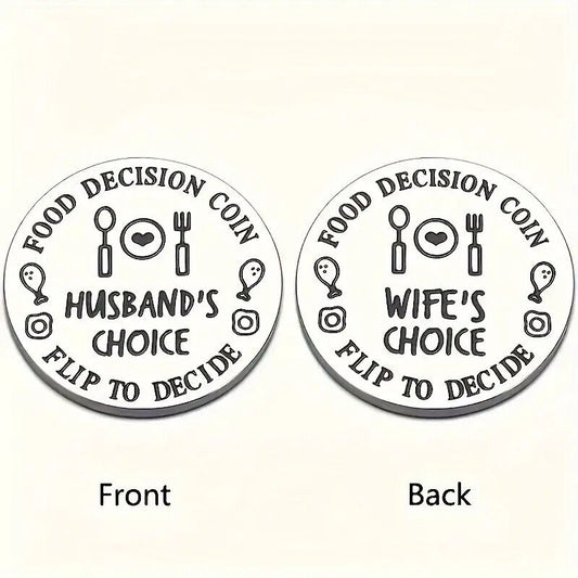 FOOD DECISION COIN SILVER Husband WIFE Keyring Mens Gift FLIP TO DECIDE FUN