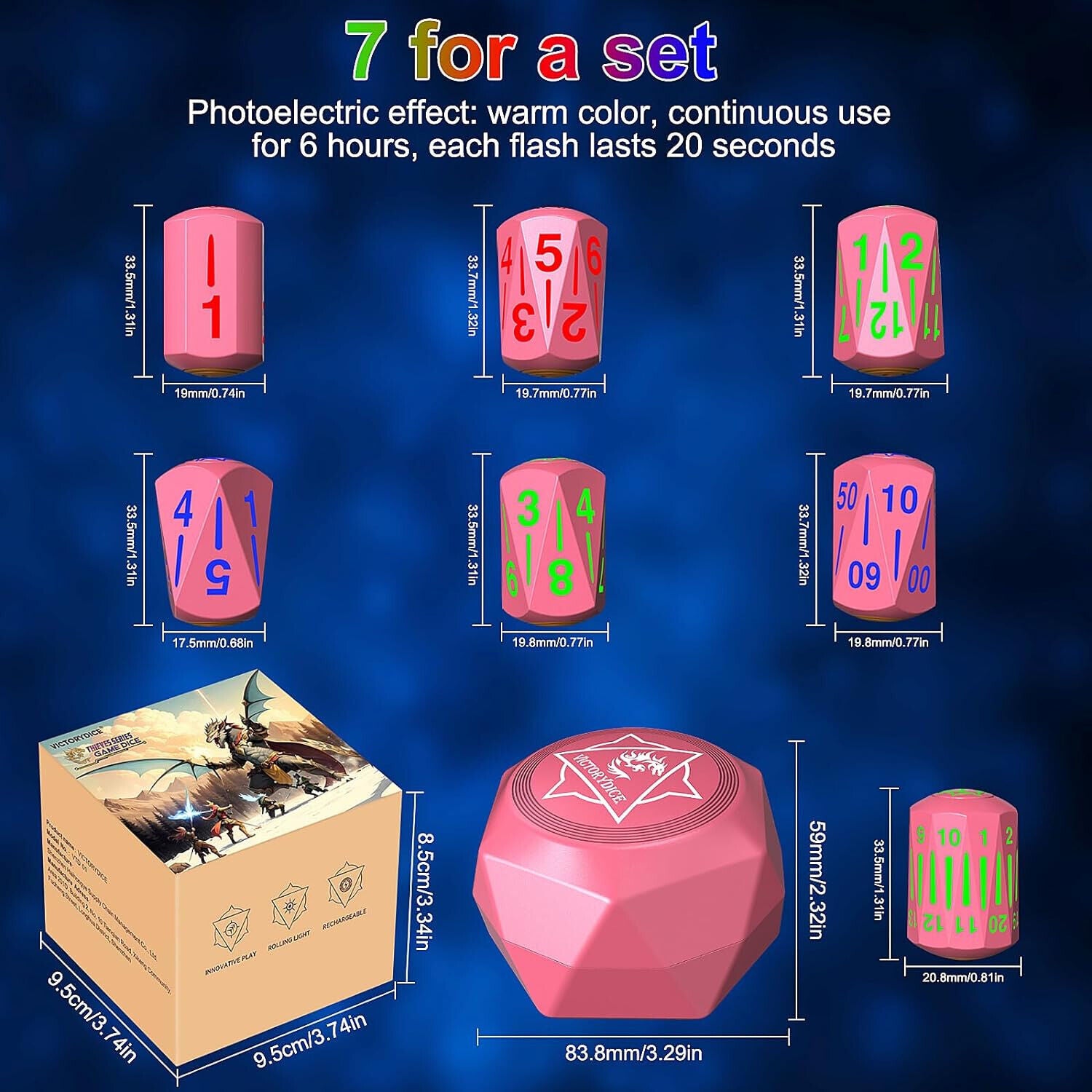Rechargeable Light Up DND Dice 7PCS Set Luminous Glow LED Dices Charging Box