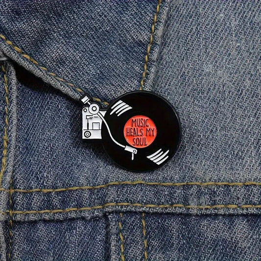 Music Heals My Soul Retro Vinyl Record Player Enamel Pins DECK HMV RED BLACK