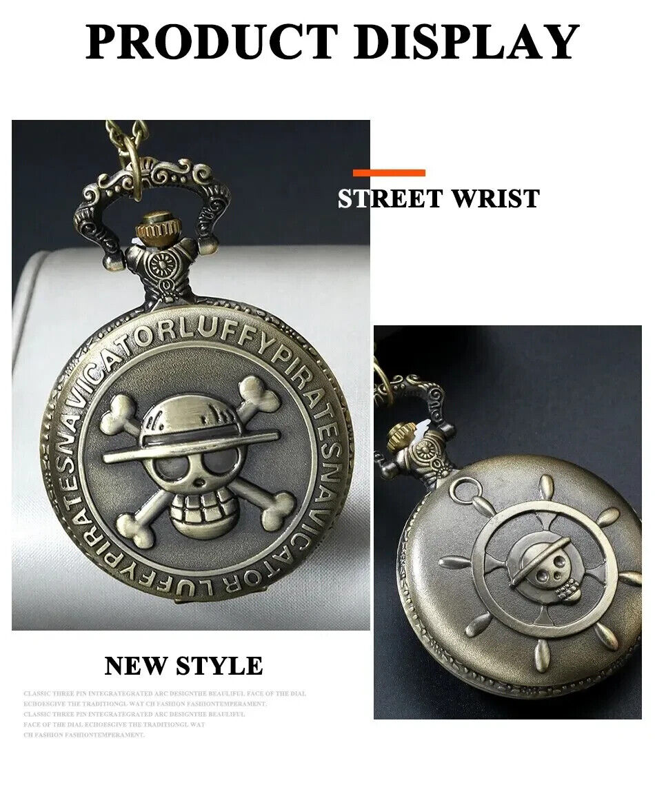 ONE PEICE LUFFY Quartz Pocket Watch Leather BracelET SHIP PORTHOLE BLACK SEA SET