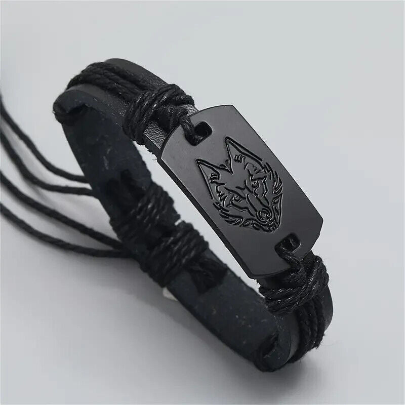 Mens Vintage Viking Black Leather Norse Metal Rune Valknut Wolf Design Bracelet 
