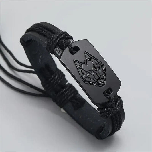 Mens Vintage Viking Black Leather Norse Metal Rune Valknut Wolf Design Bracelet 