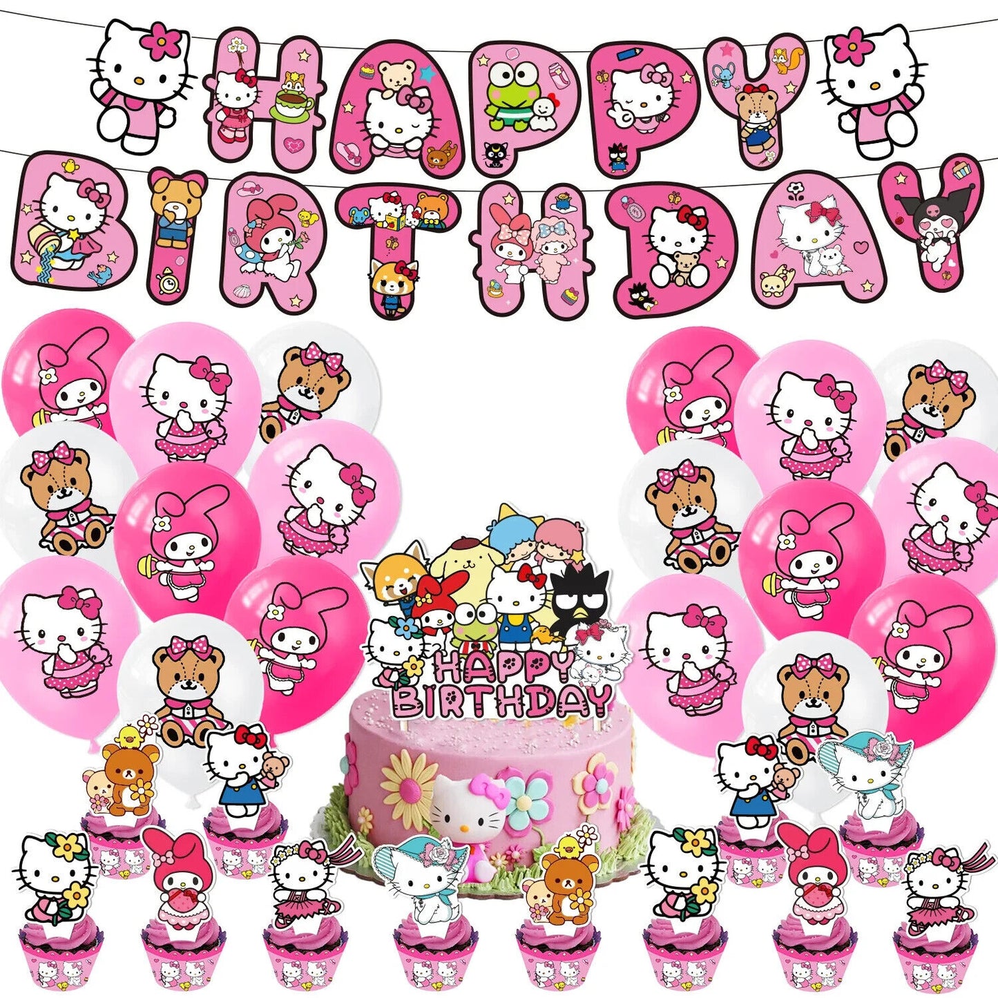 Hello kitty Happy Birthday Balloons Banner Cake Toppers Party Decorations Pink