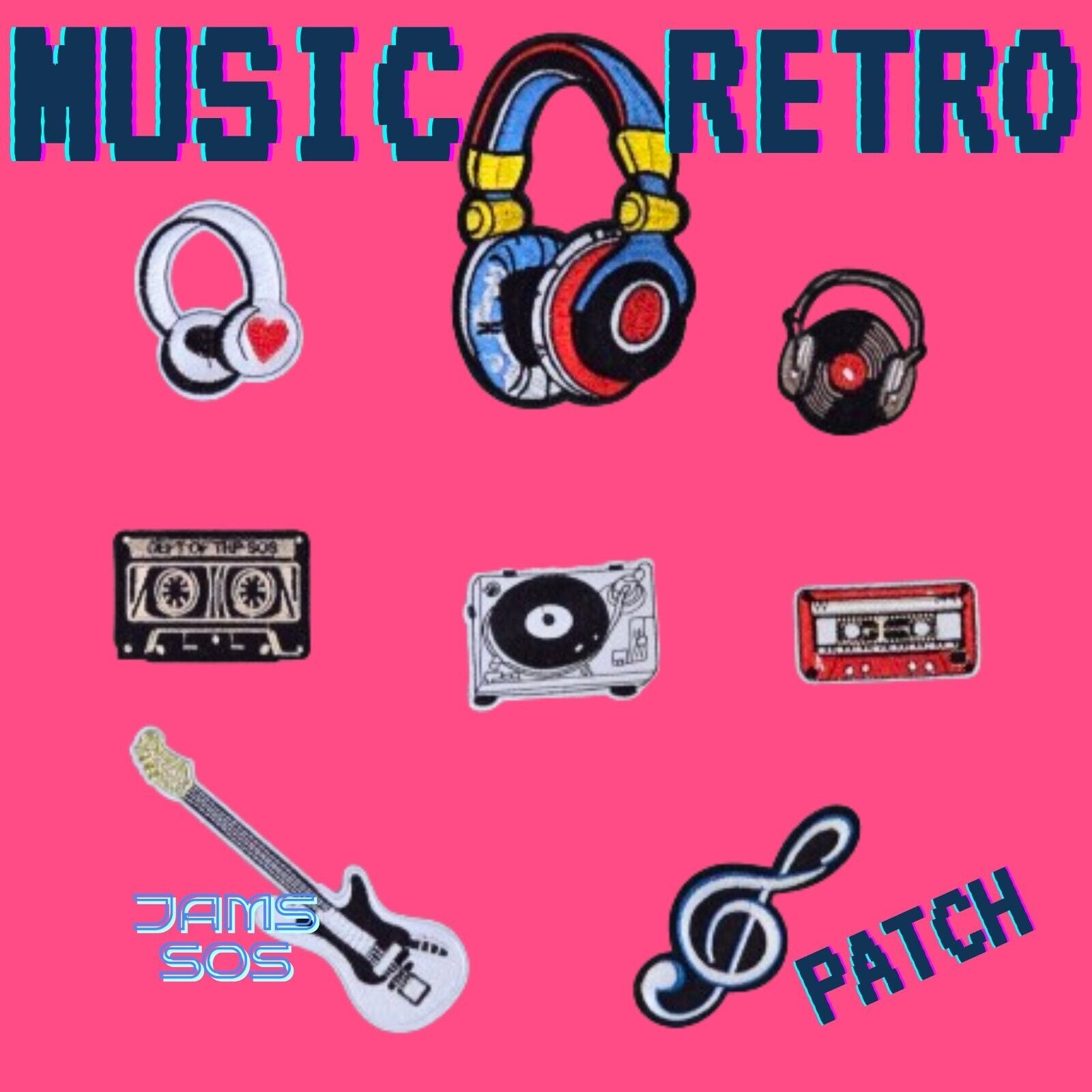 Music Themed Embroidered Iron On Patch Headphones Treble Clef Cassette Guitar