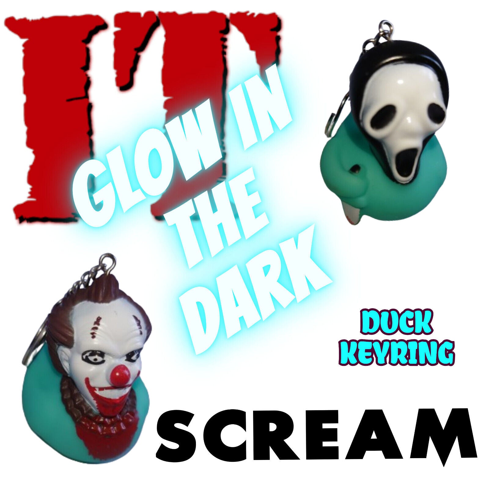 HORROR RUBBER DUCK GLOW IN THE DARK KEYRING KEYCHAIN SCREAM IT CLOWN HALLOWEEN