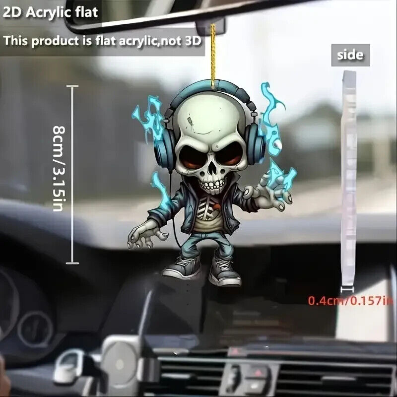 SKULL FIRE Skeleton Figurine Swing Car Hanging HEADPHONES Mirror Pendant 2D FIRE
