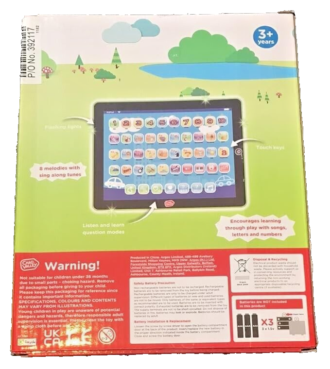 Chad Valley PlaySmart Junior Touch Tablet Numbers and Letters Through Blue