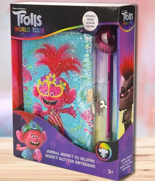 Trolls World Tour Secret Glitter Notebook Journal Double Sided Sequin Cover Pen