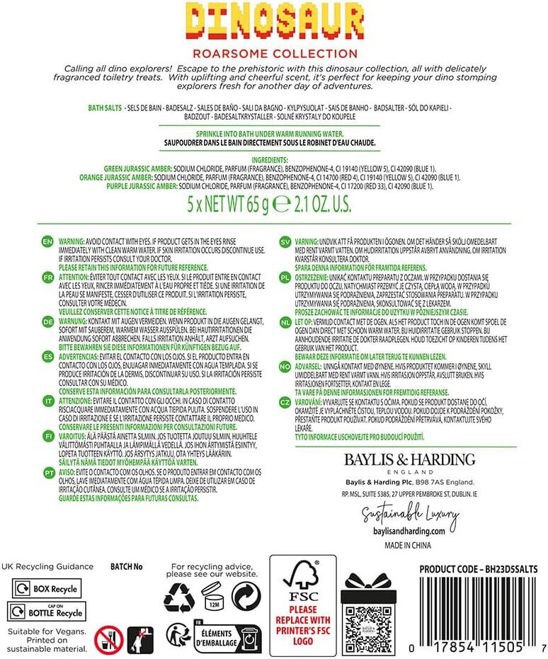 Baylis & Harding Dinosaur 5 Test Tube Bath Salts Gift Set Vegan Friendly KIDS