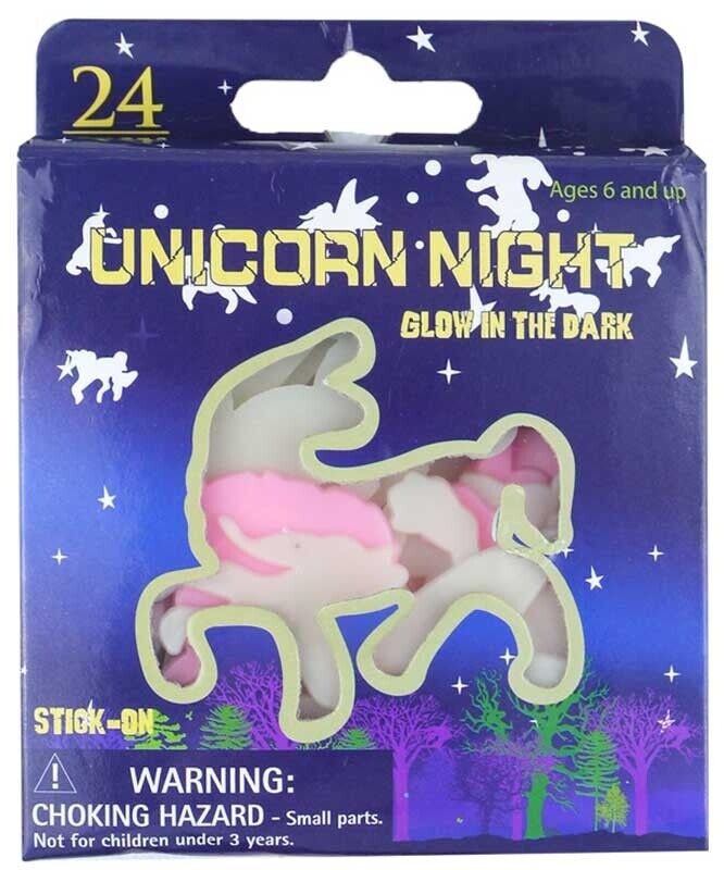 24 Unicorn DINOSAUR Glow in the Dark Stick On Plastic Stickers Pink GREEN CHOOSE