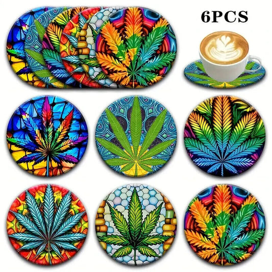 6 Set Coasters Drinks Coaster Gift FIRE LEAF BUD COLOUR WEED 420