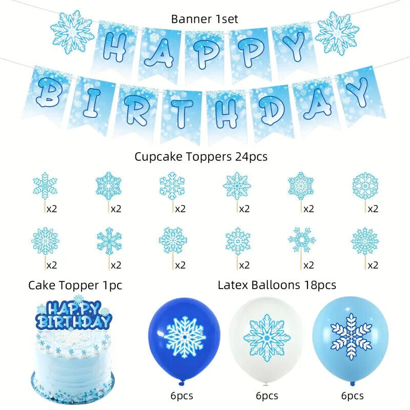 Frozen Winter Snow Party Decorations Balloons Birthday Kids Banner Cake Toppers