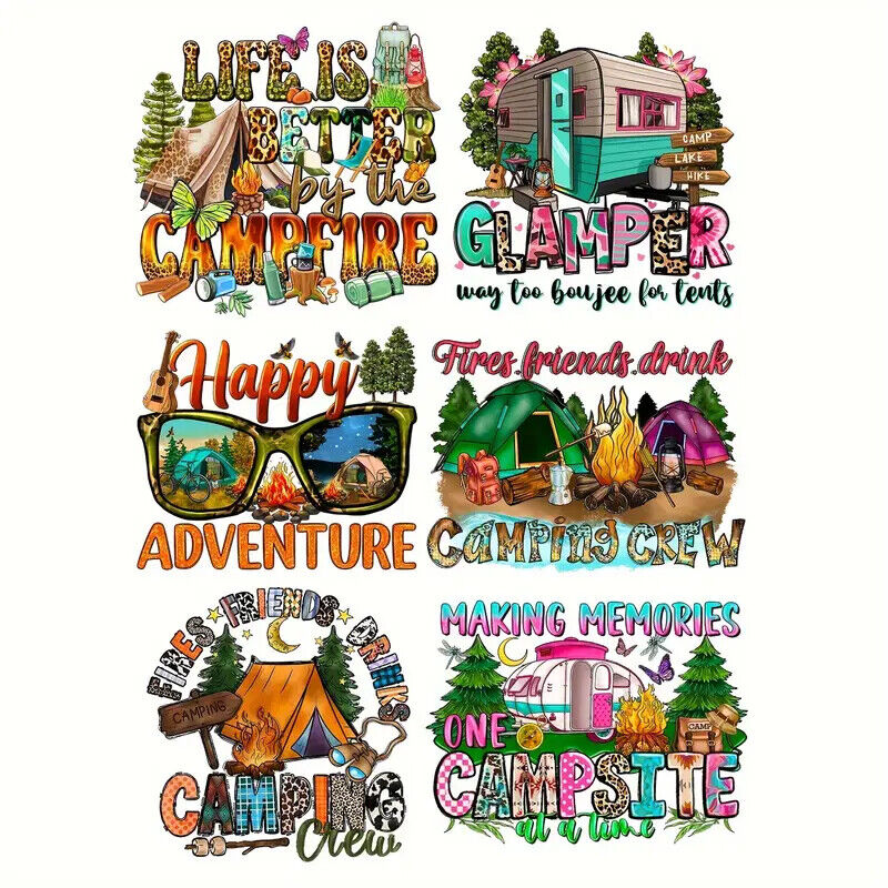 CAMPING CAMPER IRON-ON TRANSFER LOVE HIPPY FRIENDS TRAVEL GLAMP ADVENTURE FIRE