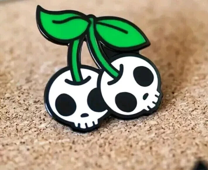 Skull Faced White Cherry Cherries Pin Badge Brooch Emo Goth Enamel