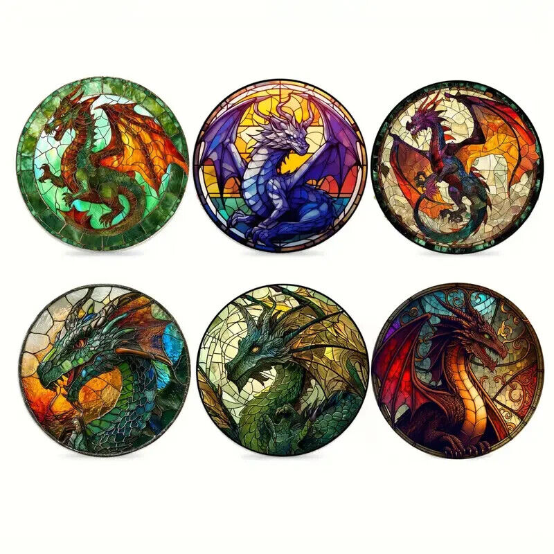 6 Set Chinese Dragon Mythical Coasters Kitchen Drinks Coaster Gift FIRE GREEN PU