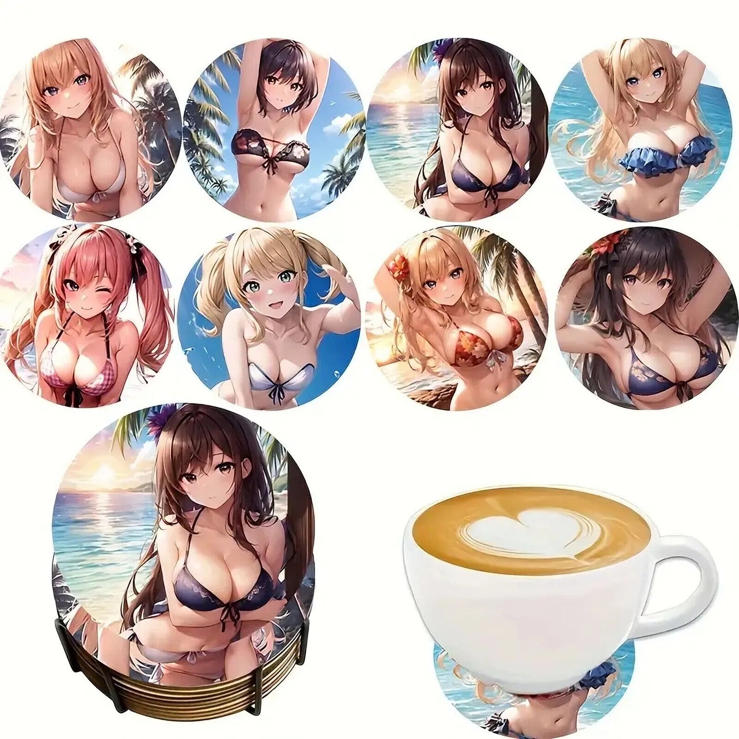 ANIME WOMEN Coaster Wood Anime Manga BIKINI SEXY CUTE SUNSET SCENE PALM GIRL