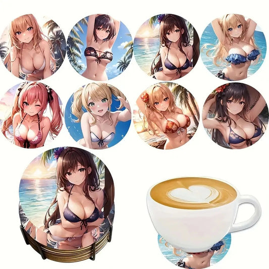 ANIME WOMEN Coaster Wood Anime Manga BIKINI SEXY CUTE SUNSET SCENE PALM GIRL