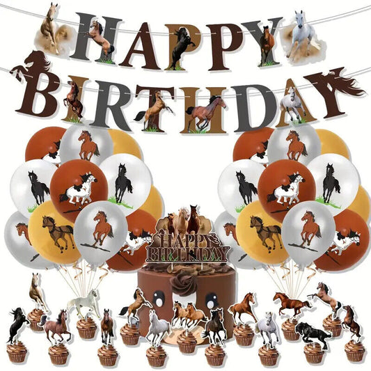 Animal Horse Theme Birthday Party Set Balloons Banners Cake Decorations BROWN