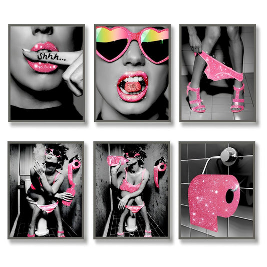 Luodroduo Fashion Wall Art Bathroom CANVAS Prints Pink BLACK Glam GLITTER WOMEN