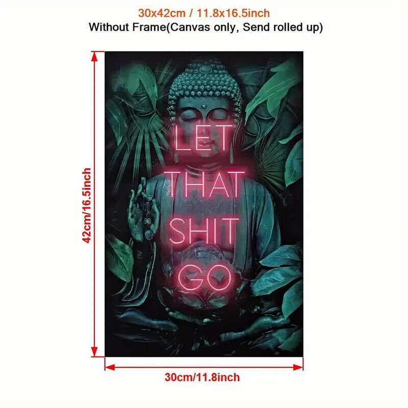 LARGE Let That SH*T Go Buddha GREEN PINK Face Art Print Canvas Purple MEDITATION