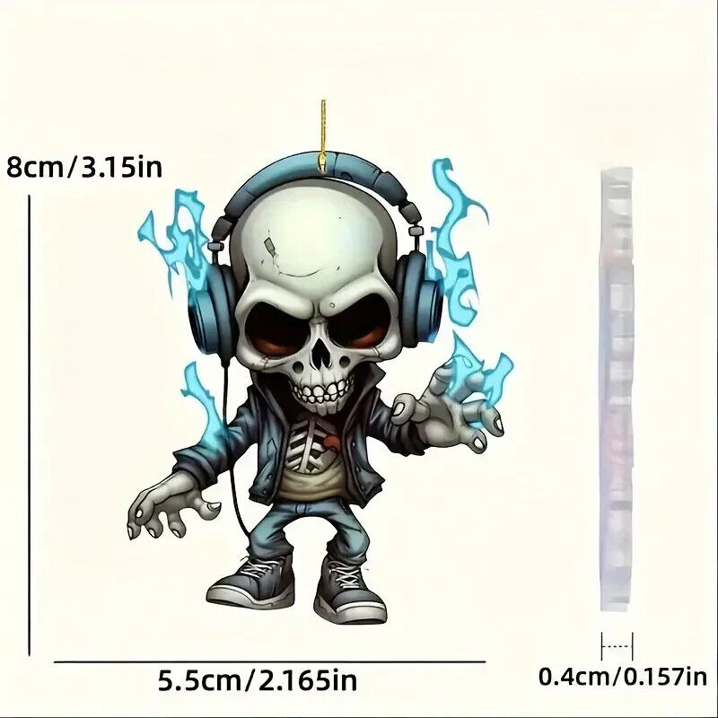 SKULL FIRE Skeleton Figurine Swing Car Hanging HEADPHONES Mirror Pendant 2D FIRE
