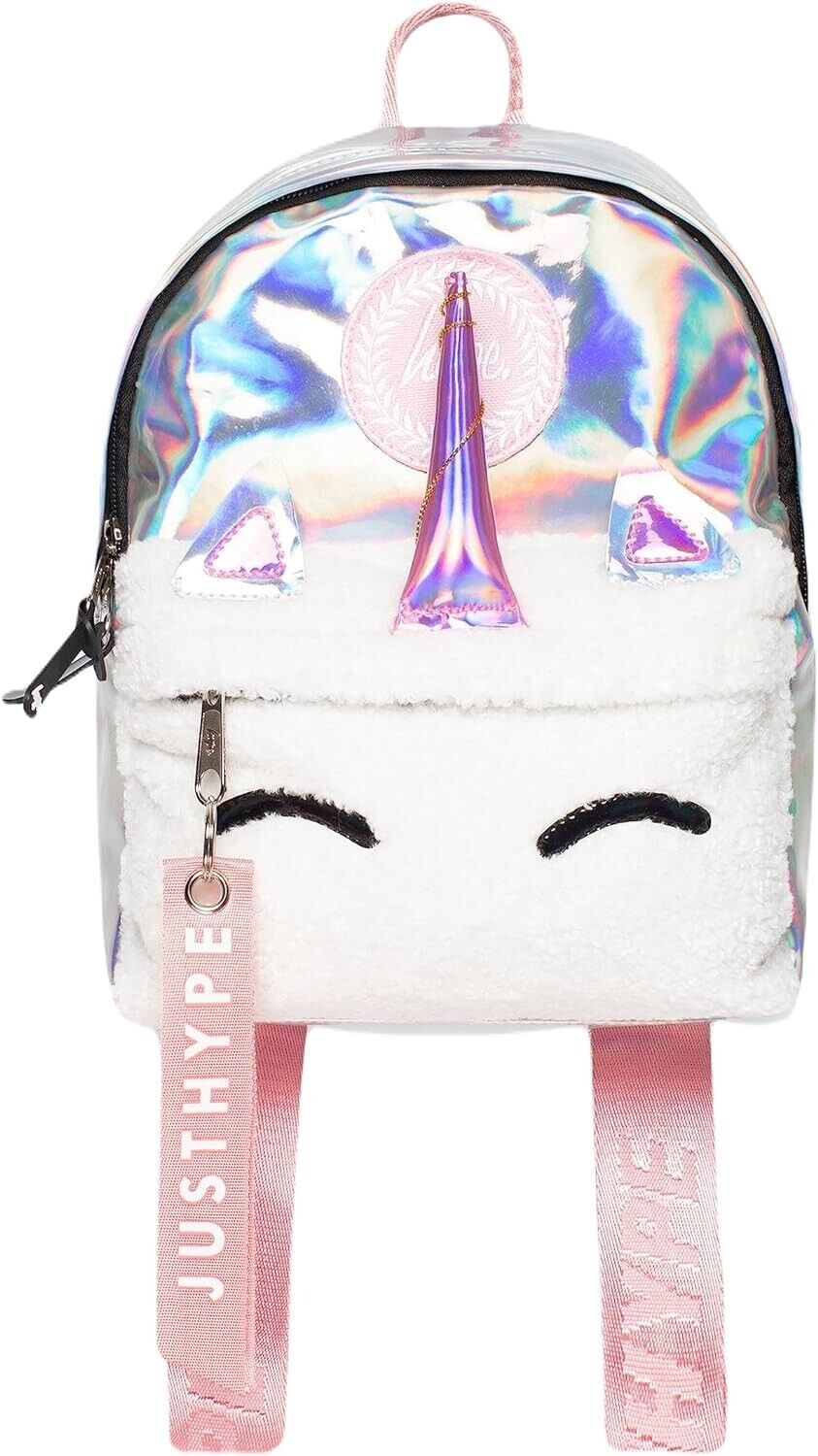 Hype Pink Holographic Unicorn Horn Pocket Crest Mini Backpack Fairy Purple Eyes