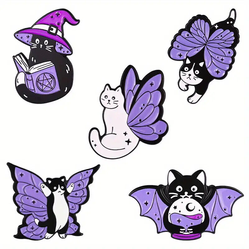 CAT HALLOWEEN Metal Enamel Pin Badge Retro MOVIE HORROR WITCH SPELLS BOOK