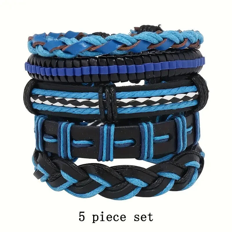 UNISEX 5 Piece Set Handcraft Multi-layer Faux Blue BLACK Leather Bracelet XMAS