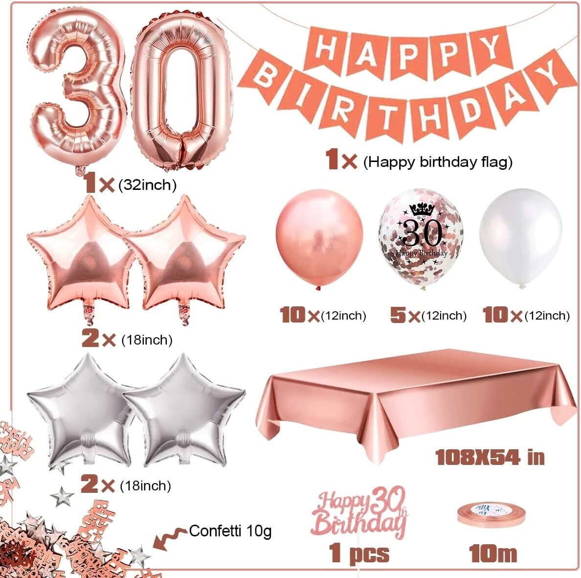 30th Birthday Party Decorations Set 36Pcs ROSE GOLD Balloons Banner PINK 30